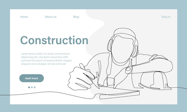 Vector landing page of architecture works with protective face masks for safety in factory.