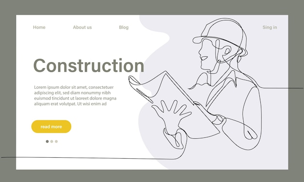 Vector landing page of architecture works with protective face masks for safety in factory.