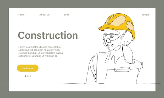 Vector landing page of architecture works with protective face masks for safety in factory.