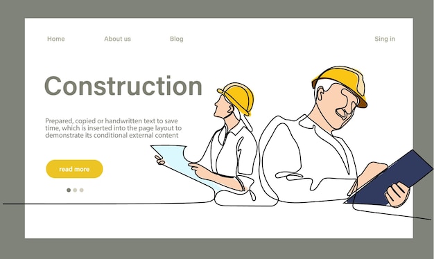 Vector landing page of architecture works with protective face masks for safety in machine industria