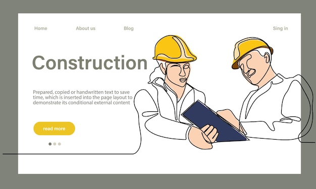 Vector landing page of architecture works with protective face masks for safety in machine industria