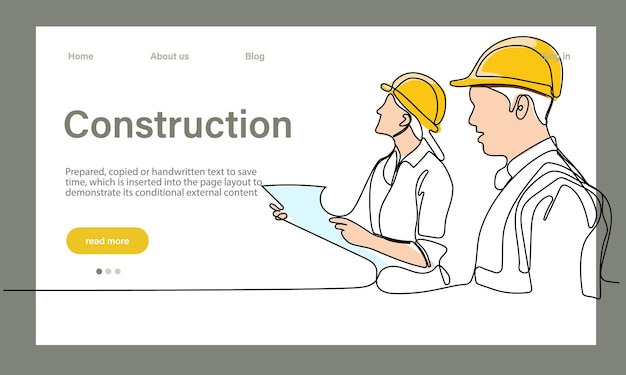 Vector landing page of architecture works with protective face masks for safety in machine industria