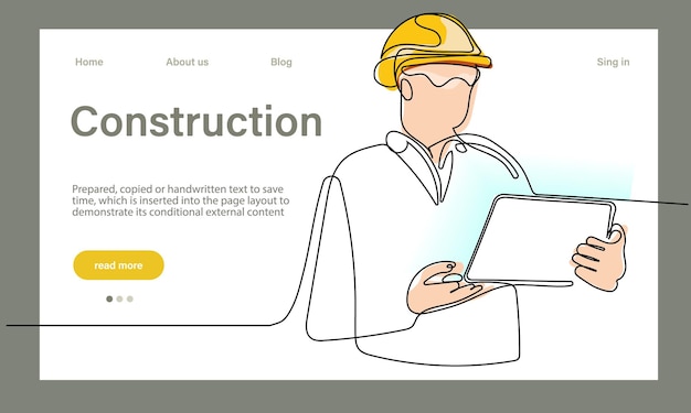 Vector landing page of architecture works with protective face masks for safety in machine industria