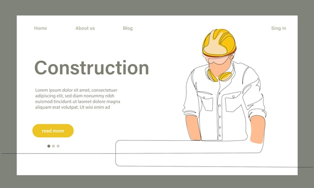 Vector landing page of architecture works with protective face masks for safety in machine industria