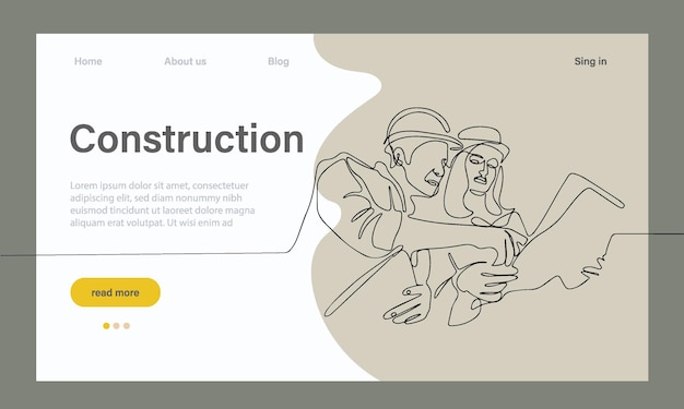 Vector landing page of architecture works with protective face masks for safety in machine industria