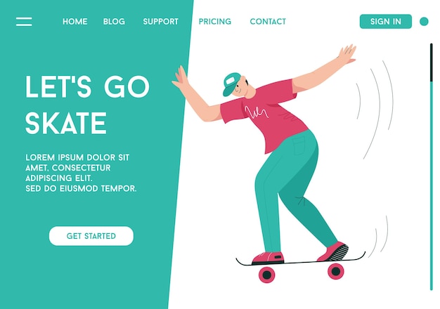 Vector landing page of Let's Go Skate concept Young man skater riding skateboard performs new tricks Guy skateboarding enjoy hobby outdoors activity Character illustration of advertising banner