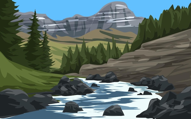 Vector landscape of beautiful mountain forest with river