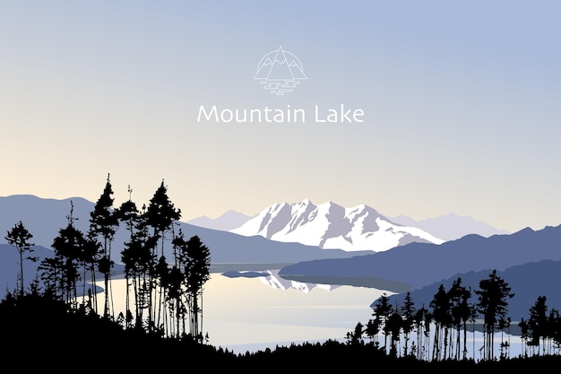 Vector landscape mountain lake with silhouette of trees in early morning Beautiful nature outdoors