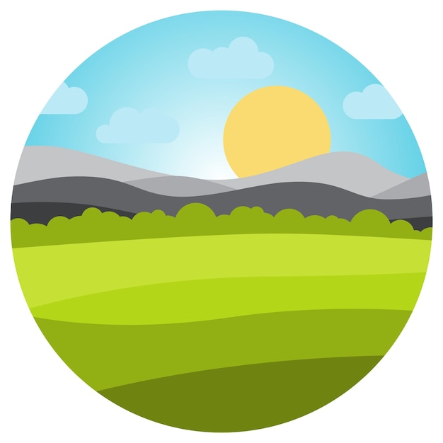 Vector landscape with field and mountains in circle Early morning with the rising of the sun on the horizon Vector illustrationxA