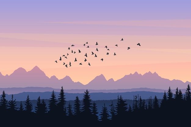 Vector landscape with mountains forest and flying birds at sunrise Outdoor wild nature environment