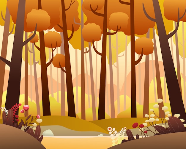 Vector landscape with pine forest in Autumn.