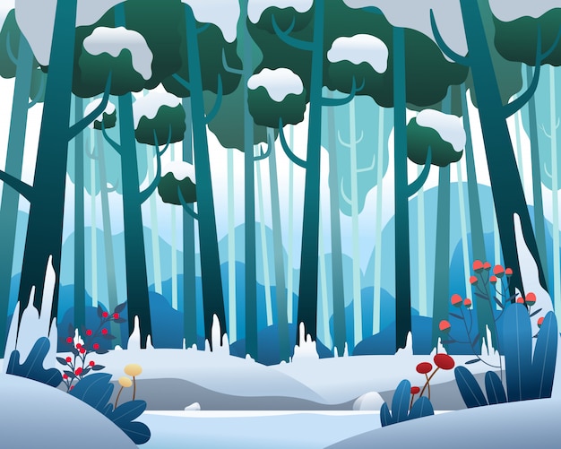 Vector landscape with pine forest in Winter