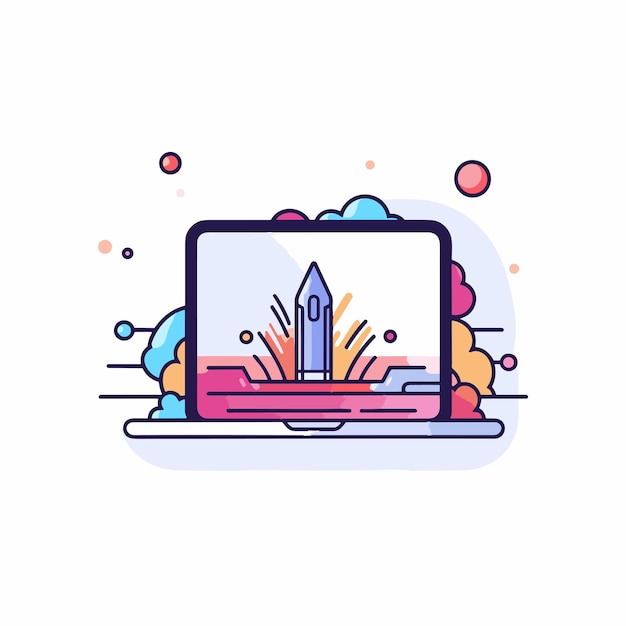 Vector vector of a laptop with a rocket launching out of the screen in a flat style