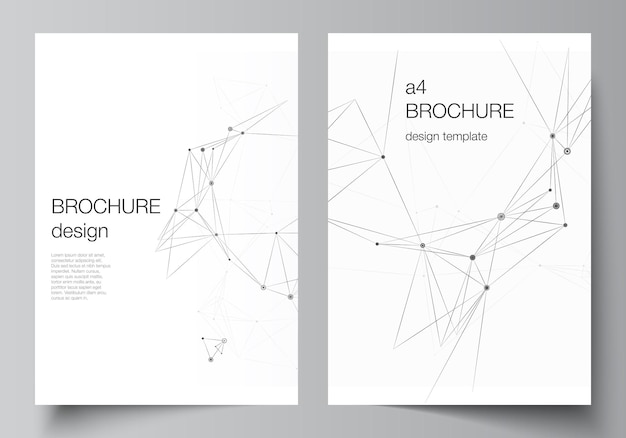 Vector vector layout of a4 cover mockups templates for brochure, flyer layout, booklet, cover design, book design, brochure cover. gray technology background with connecting lines and dots. network concept.