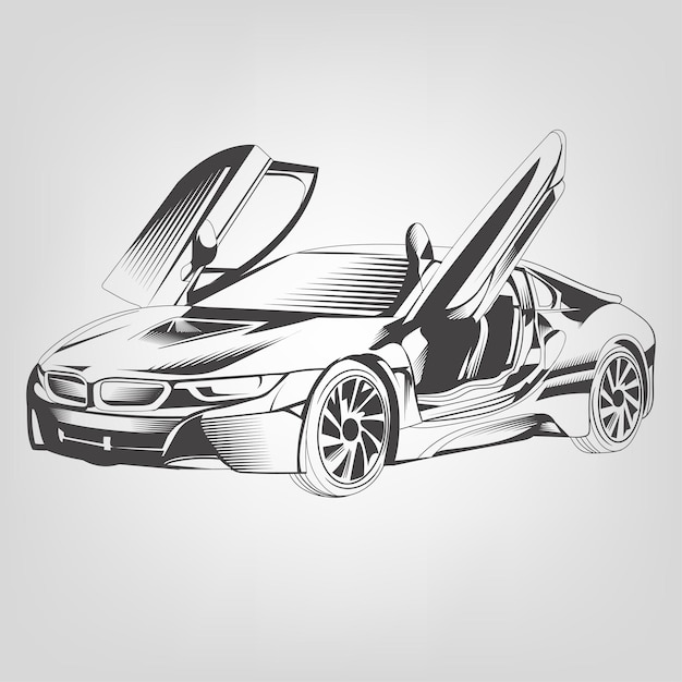 Vector layout of contour drawing of sedan car. European Sport Cars