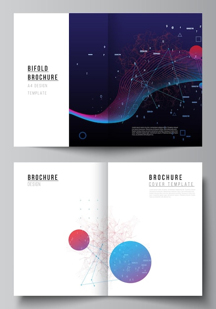 Vector layout of two A4 cover mockups templates for bifold brochure, flyer, magazine, cover design, book design. Artificial intelligence, big data visualization. Quantum computer technology concept.