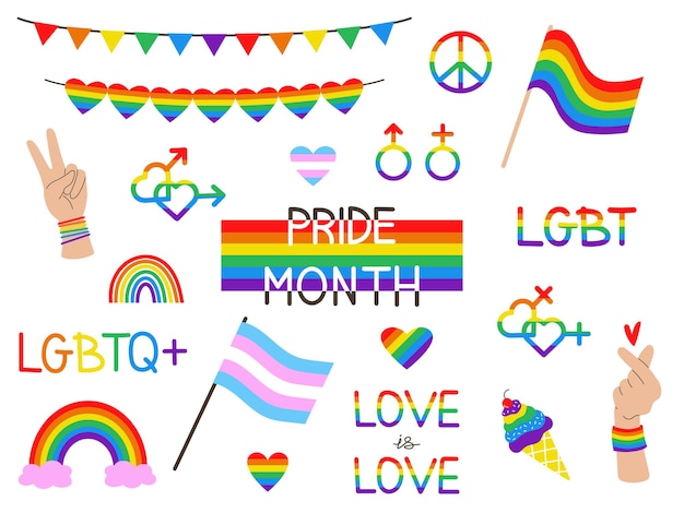 Vector LGBT sticker set Colorful set of LGBTQ Pride cliparts LGBT flags gender signs hearts Collection of LGBTQ community elements