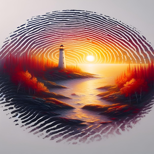 Vector vector lighthouse at sunrise fingerprint logo