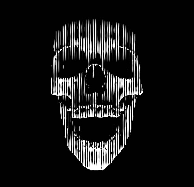 Vector line art of a 3D skull with spooky lighting from below Frontal view white vertical lines on a black background Perfect for Halloween and easy graphic portrayal