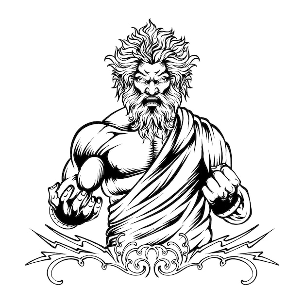 vector line art angry zeus tshirt illustration design