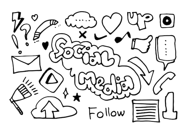 Vector line art Doodle cartoon set of objects and symbols on the Social Media theme