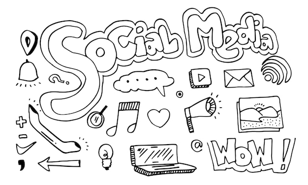 Vector line art Doodle cartoon set of objects and symbols on the Social Media theme