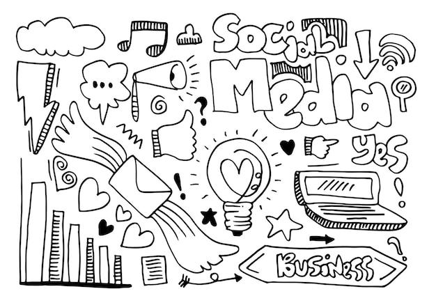 Vector line art Doodle cartoon set of objects and symbols on the Social Media theme.