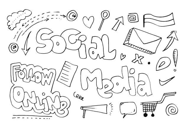 Vector line art Doodle cartoon set of objects and symbols on the Social Media theme