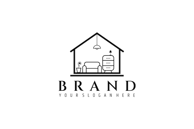 Vector line art logo an image of a minimalist house with assorted furniture inside Suitable for businesses in the home furnishings industry