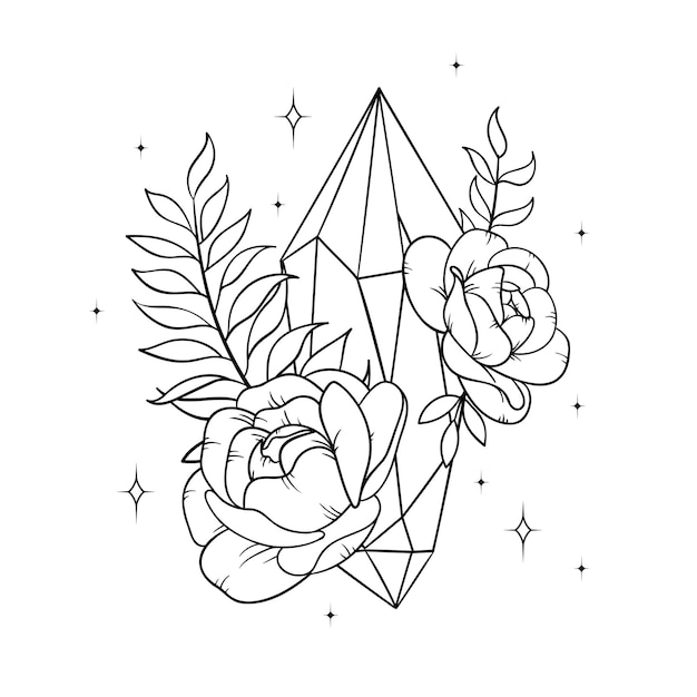 Vector vector line art mystical celestial magic witchcraft elements esoteric crystals peony roses stars leaves line art