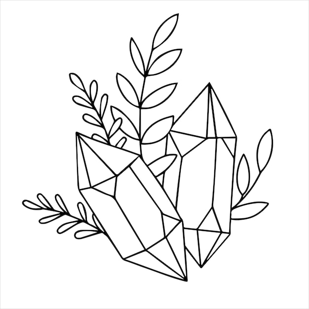 vector line drawing graphic mystical magic esoteric composition crystal and leaves celestial