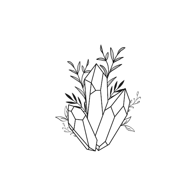 Vector line drawing graphic mystical magic with crystal and botanical leaves