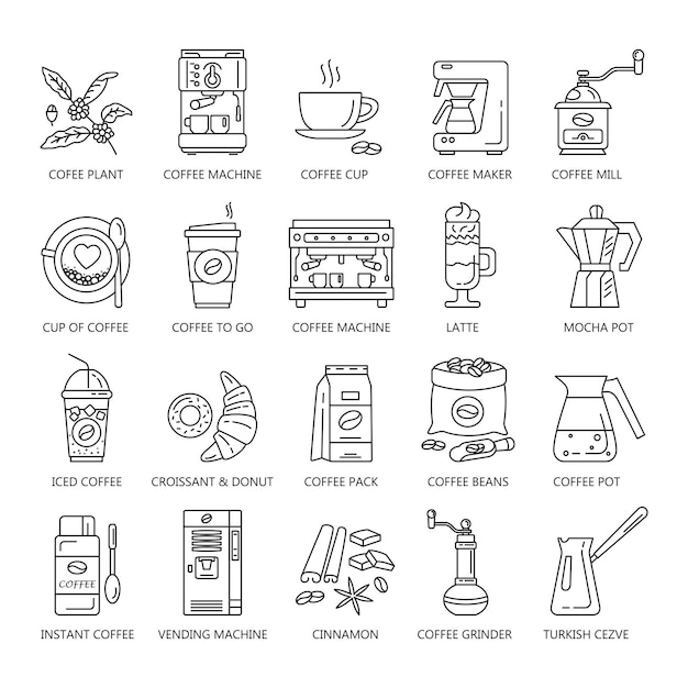 Vector line icons of coffeemaking equipment Coffee set