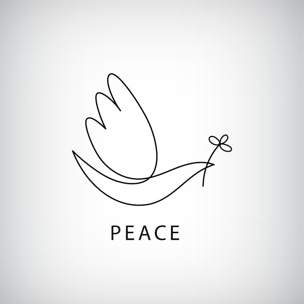 Vector line logo icon drawing of dove holding a branch symbol of love and piece One line minimalist pigeon