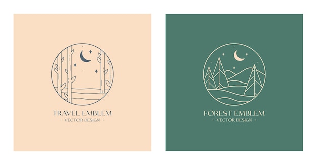 Vector linear boho emblems with abstract forest and mountains landscape