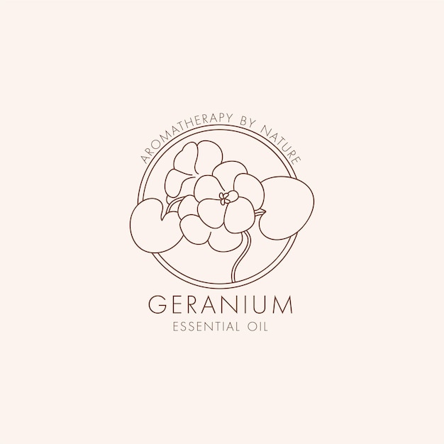 Vector linear botanical icon and symbol - geranium. Design logo for essential oil geranium. Natural cosmetic product.