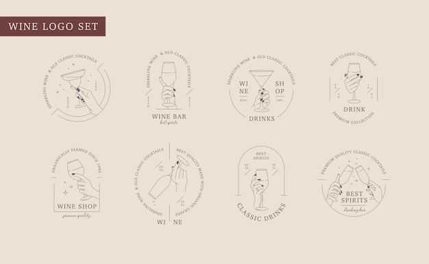 Vector linear set of emblem and logos for wine store restaurant cafe cocktail bar Collection of different hands hold glass of wine drink or cocktail Design template for logos with hand gestures