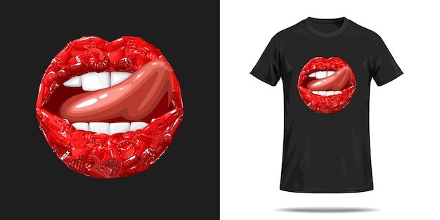 Vector Lips painted with bright red lipstick with a tongue t shirt print