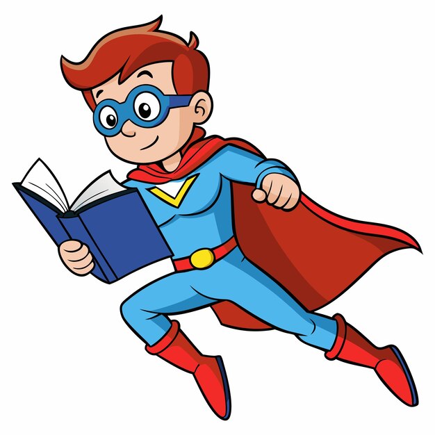 Vector vector little boy dressed as a superhero reading a book