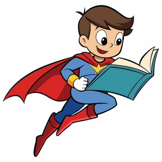 Vector vector little boy dressed as a superhero reading a book