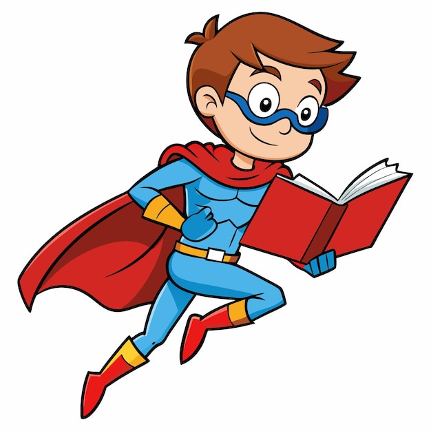 Vector vector little boy dressed as a superhero reading a book