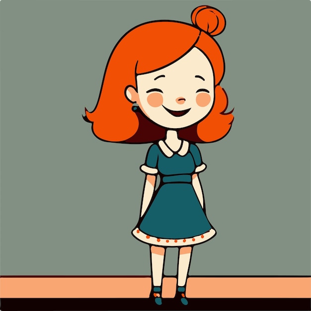 vector of a little girl with red hair in a dress on a green background