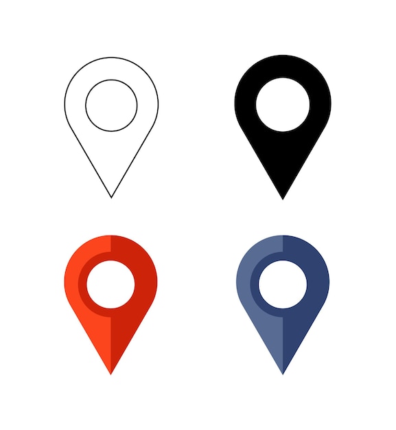 Vector location pin signs set isolated outline black red and blue icons