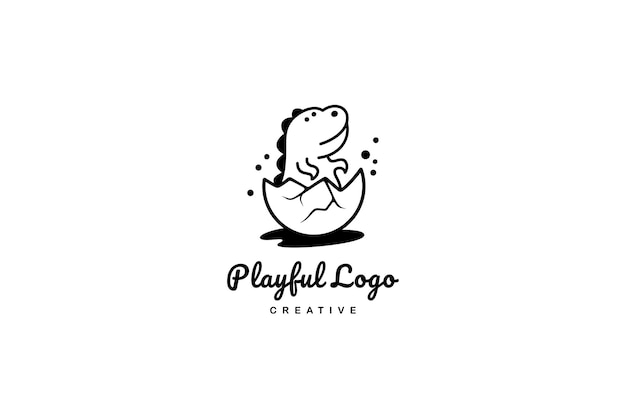 Vector logo of a cute baby dinosaur born out of an egg shell in simple line art style