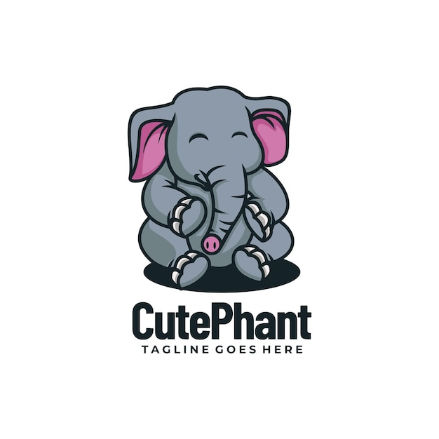 Vector Logo Illustration Cute Elephant Mascot Cartoon Style.