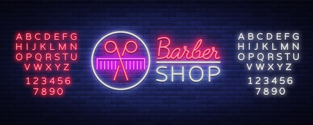 Vector logo neon sign barber shop for your design For a label a sign a sign or an advertisement Hipster Man Hairdresser Logo Billboard luminous banner Editing text neon sign