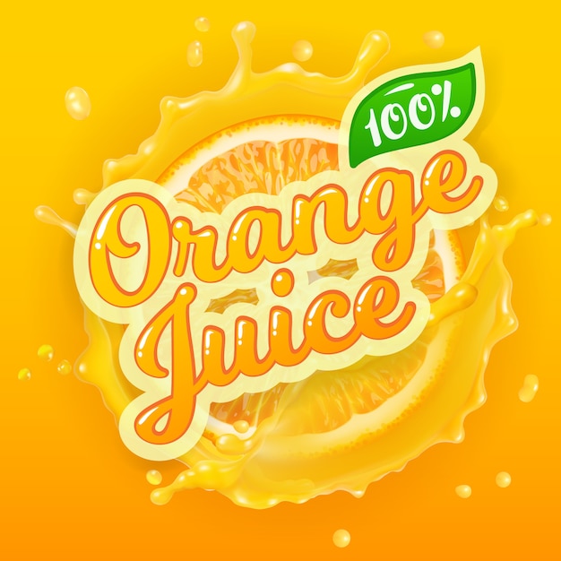 Vector logo for orange juice on splash background with orange slice