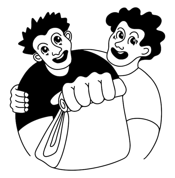 Vector logo of two young men holding paper bag with food smiling copyspace included lineart style