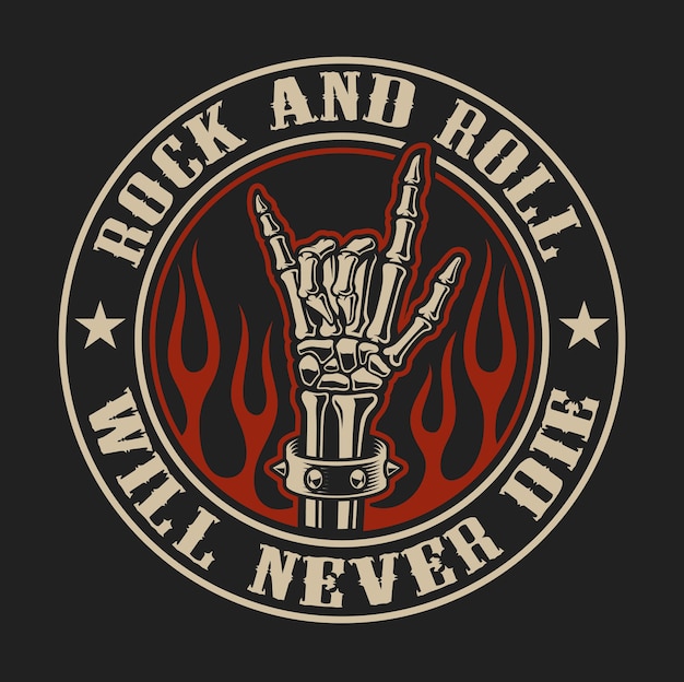 Vector logo with rock hand sign in fire on the dark background.