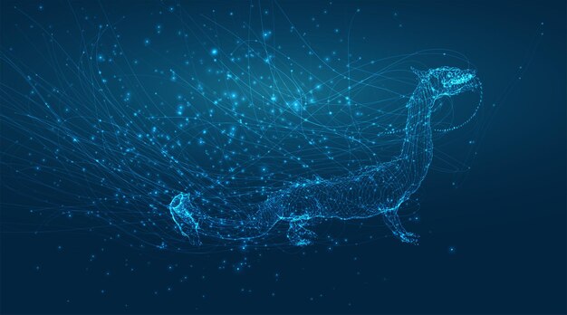 Vector long dragon snake on a deep dark blue background in the style of magic glowing threads